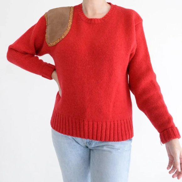 Vintage Charter Club  Red 100% Wool w/ Suede Patch Knit Crewneck Sweater L - Picture 1 of 12